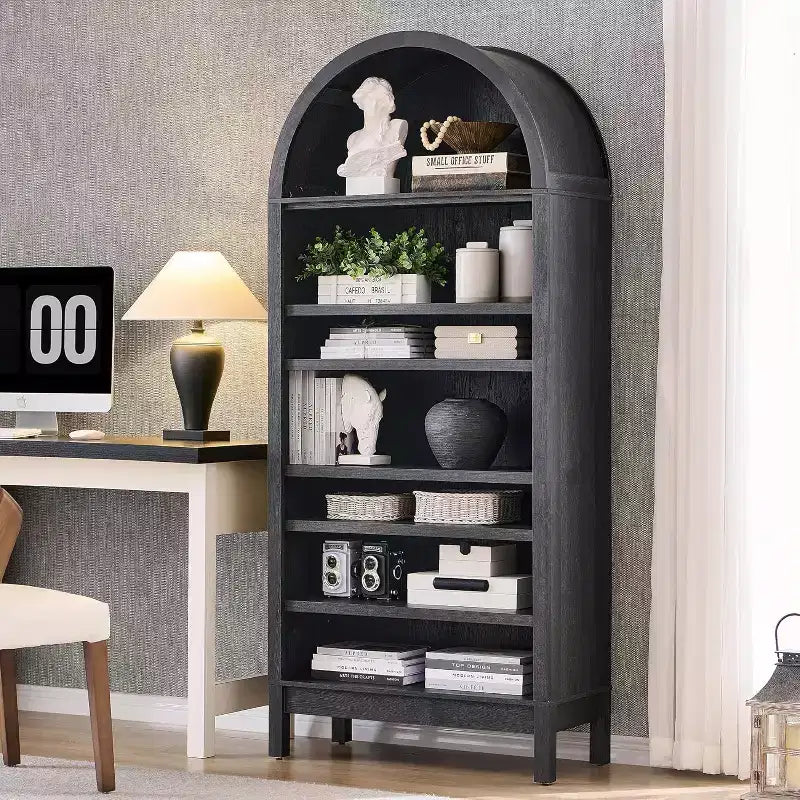 Arched Farmhouse Bookshelf with Adjustable Shelves and Open Display Shelf
