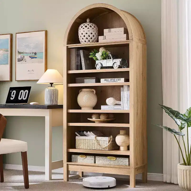 Arched Farmhouse Bookshelf with Adjustable Shelves and Open Display Shelf