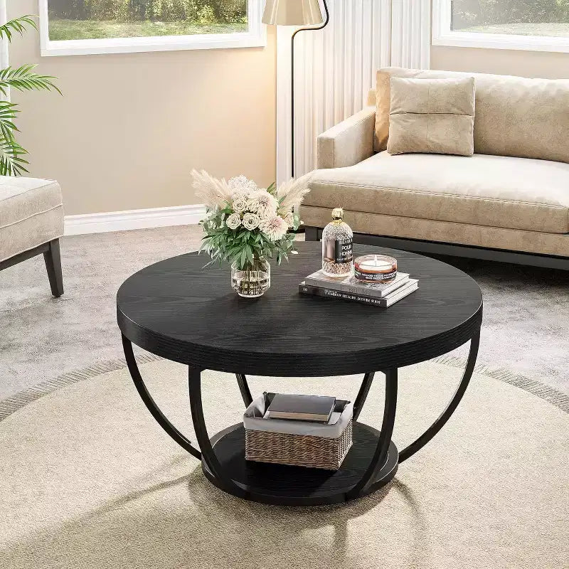 31.7-Inch Round 2-Tier Coffee Table with Storage Shelves in Black