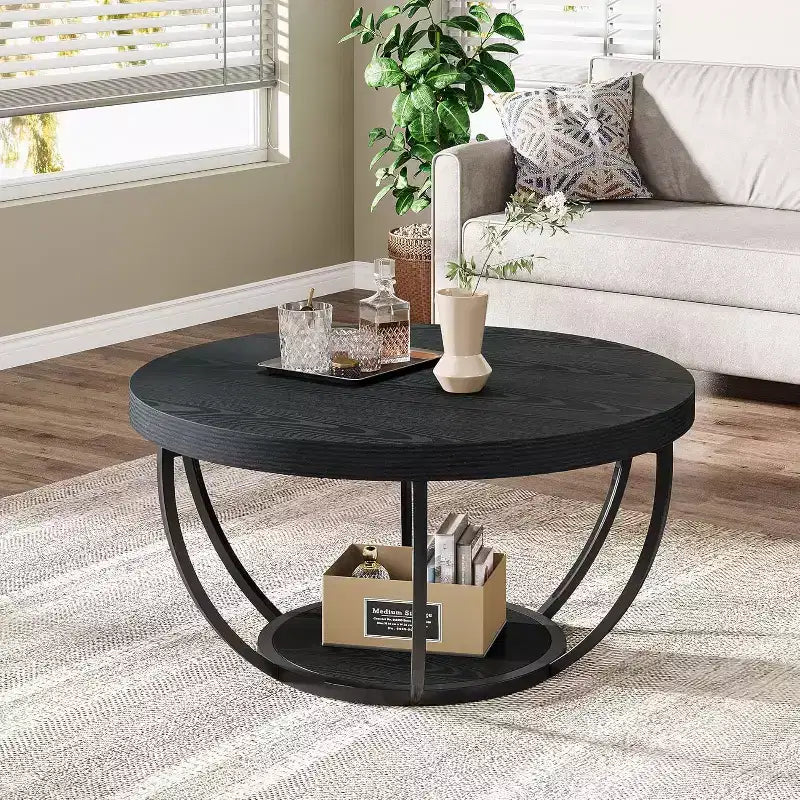 31.7-Inch Round 2-Tier Coffee Table with Storage Shelves in Black