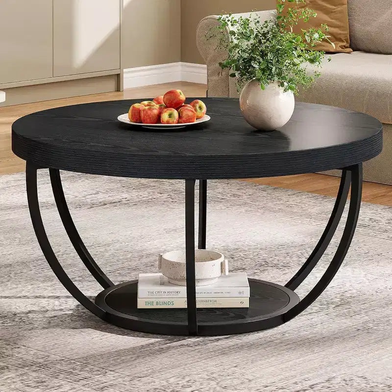 31.7-Inch Round 2-Tier Coffee Table with Storage Shelves in Black