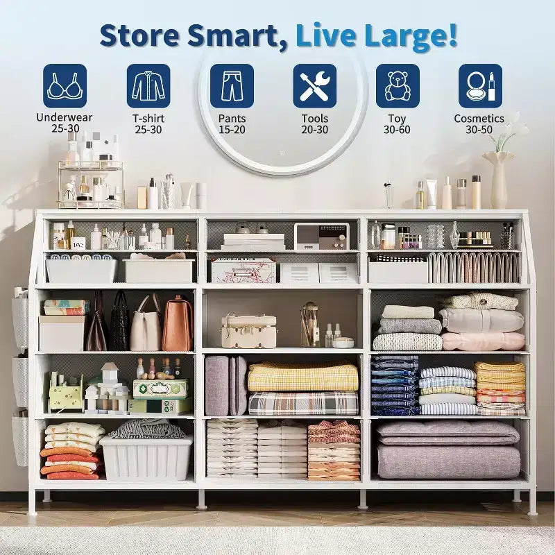 55-Inch Wide Dresser with 14 Drawers, Side Pocket, Metal Frame, and Wood Top Open Shelves