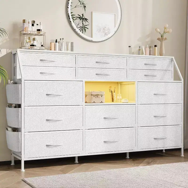 55-Inch Wide Dresser with 14 Drawers, Side Pocket, Metal Frame, and Wood Top Open Shelves