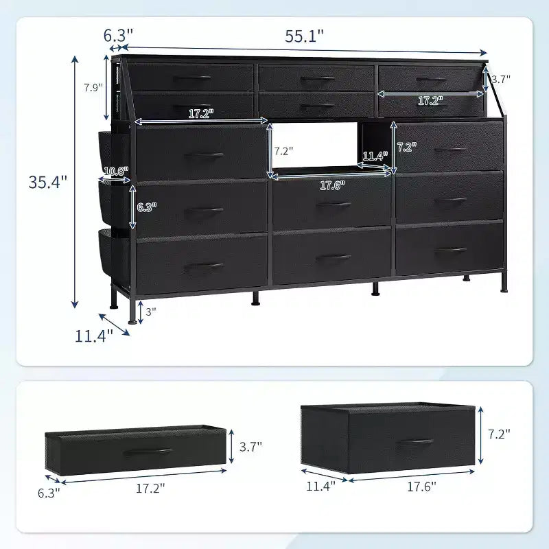 55-Inch Wide Dresser with 14 Drawers, Side Pocket, Metal Frame, and Wood Top Open Shelves