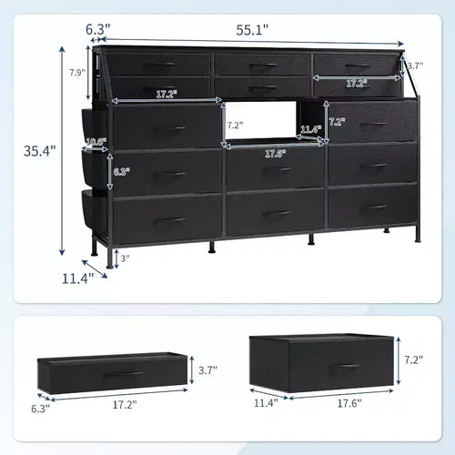 55-Inch Wide Dresser with 14 Drawers, Side Pocket, Metal Frame, and Wood Top Open Shelves
