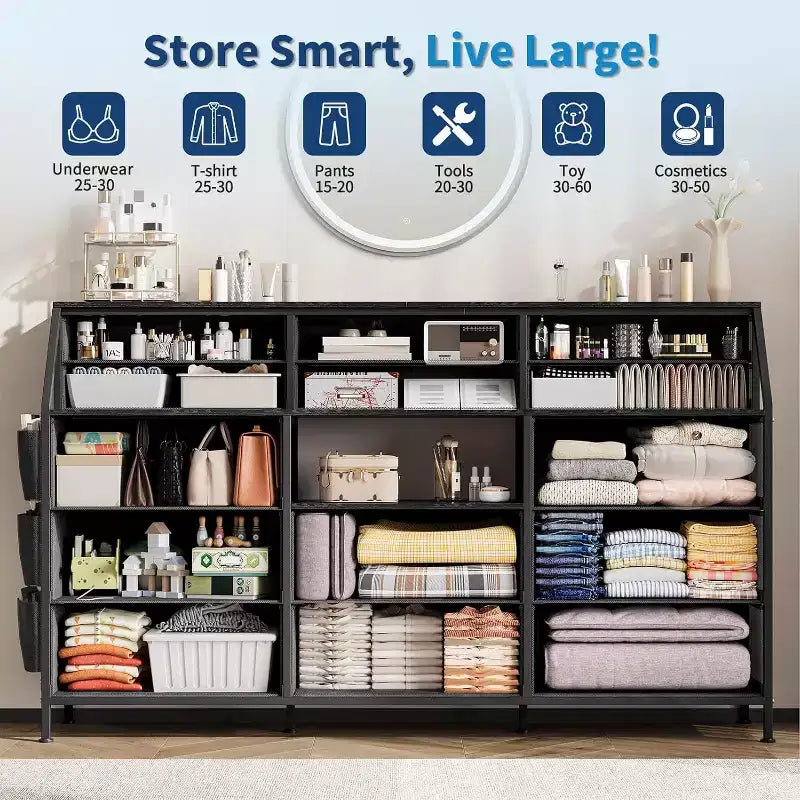 55-Inch Wide Dresser with 14 Drawers, Side Pocket, Metal Frame, and Wood Top Open Shelves