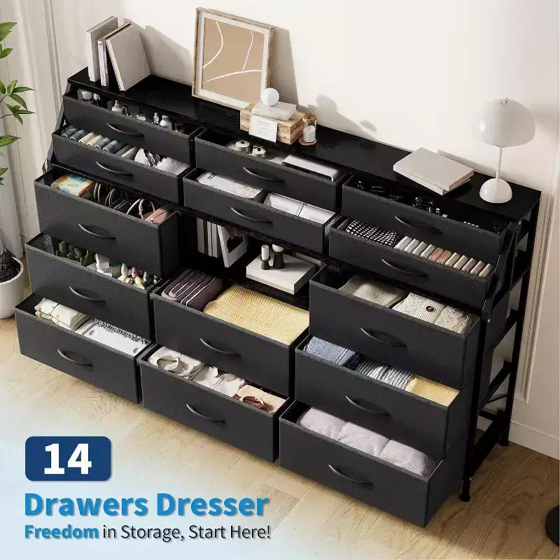 55-Inch Wide Dresser with 14 Drawers, Side Pocket, Metal Frame, and Wood Top Open Shelves