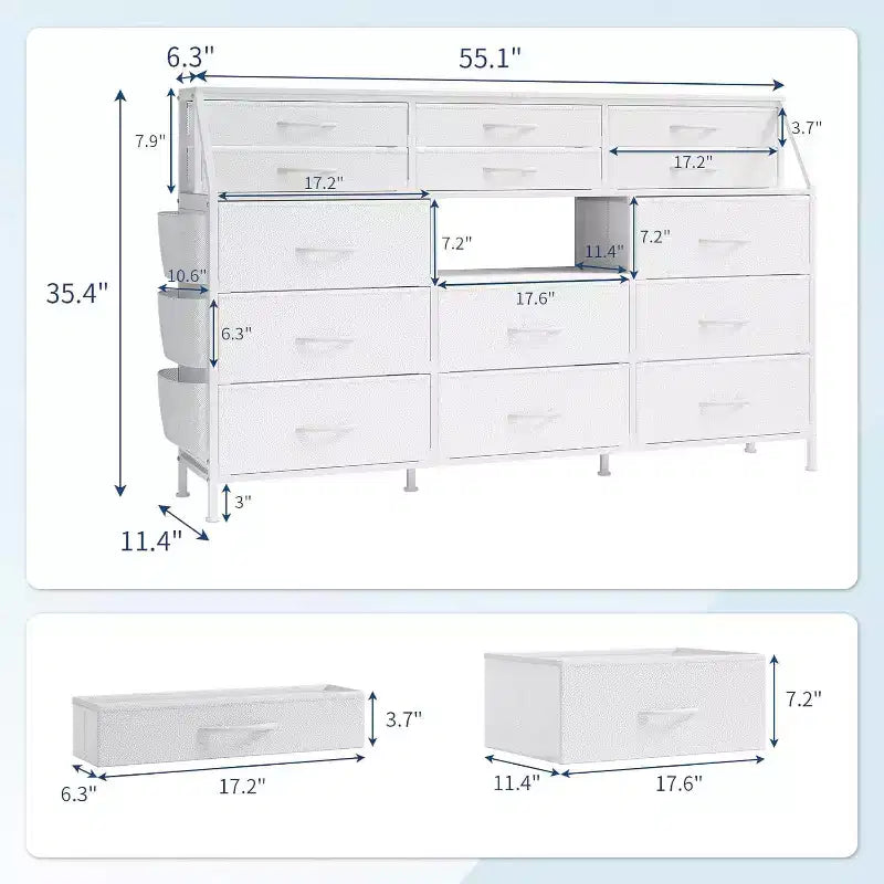 55-Inch Wide Dresser with 14 Drawers, Side Pocket, Metal Frame, and Wood Top Open Shelves