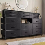 Dresser for Bedroom with 14 Drawers, 55 W Dresser with Side Pocket, Metal Frame and Wood Top Open Shelves, for Bedroom, Living Room, Closet