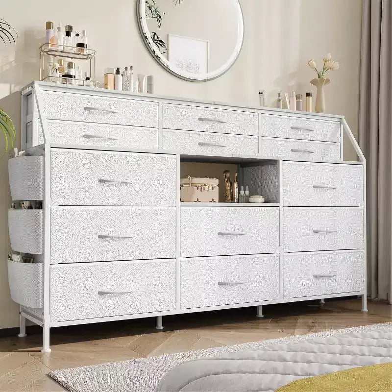 55-Inch Wide Dresser with 14 Drawers, Side Pocket, Metal Frame, and Wood Top Open Shelves