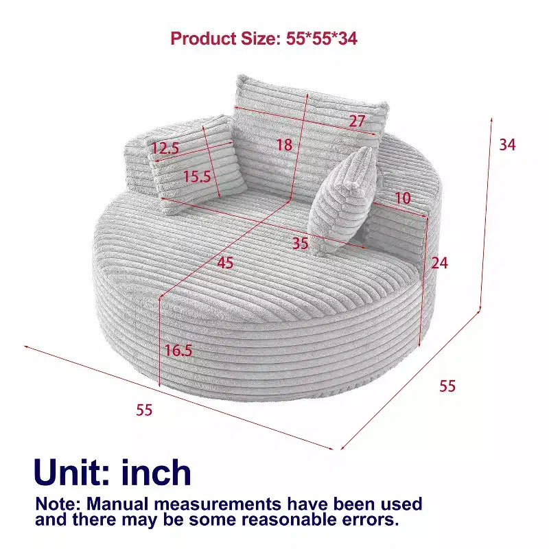 55-Inch Wide Fluffy Corduroy Sleeper Chair with Pillows for Living Room, Bedroom, or Lounge