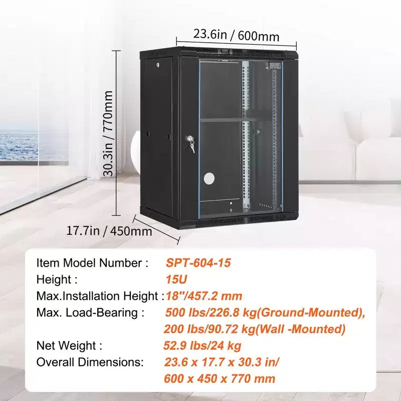 15U Wall Mount Network Server Cabinet with Locking Tempered Glass Door and Side Panels