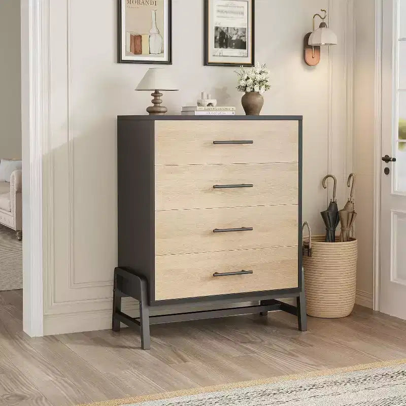 4-Drawer Freestanding Wood Dresser with Metal Handles for Bedroom and Living Room