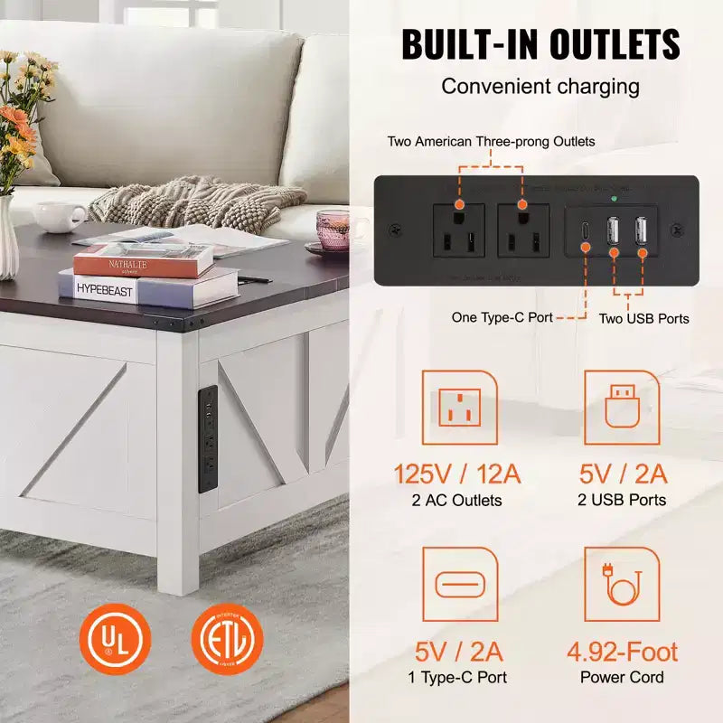 36-Inch Farmhouse Lift-Top Square Coffee Table with Built-In Power Strip