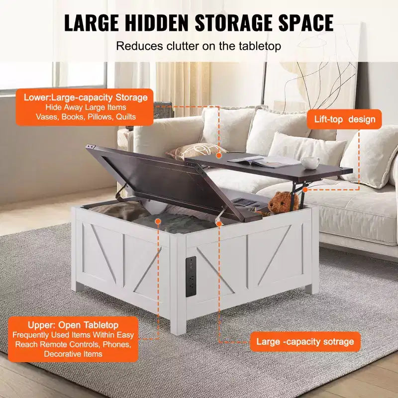 36-Inch Farmhouse Lift-Top Square Coffee Table with Built-In Power Strip