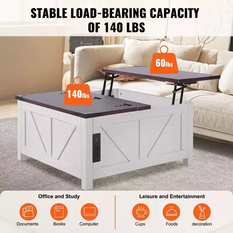 36-Inch Farmhouse Lift-Top Square Coffee Table with Built-In Power Strip