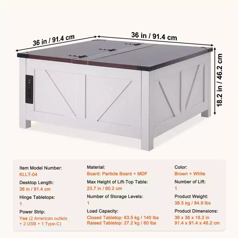 36-Inch Farmhouse Lift-Top Square Coffee Table with Built-In Power Strip