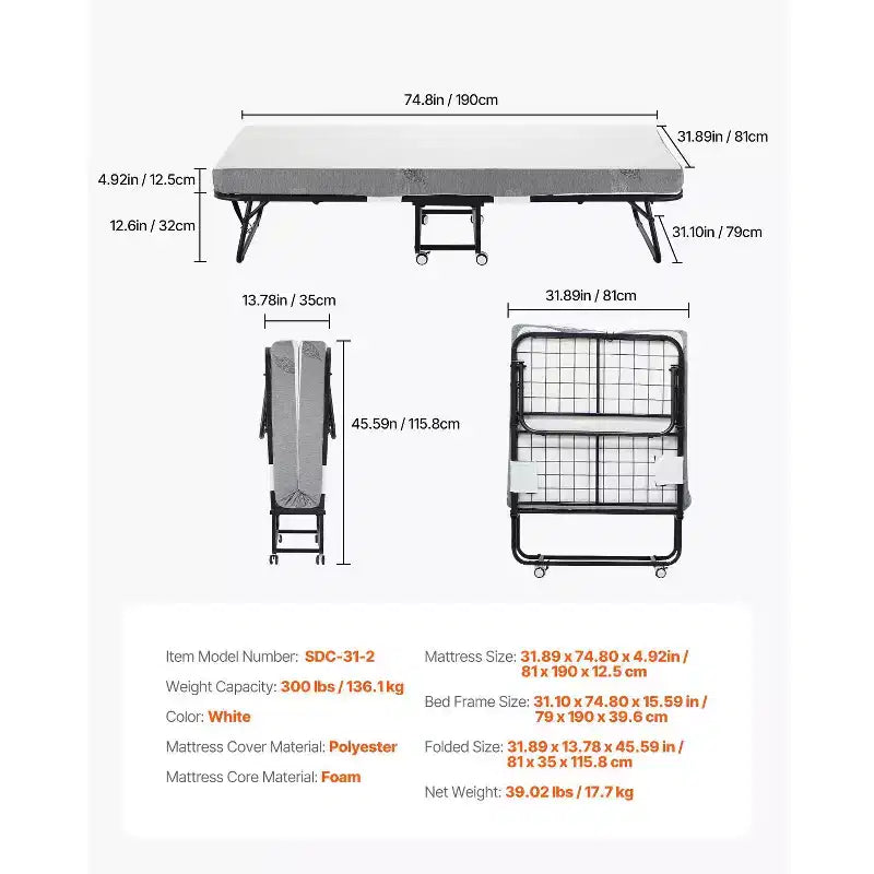 Twin Size Rollaway Folding Bed with 5-Inch Memory Foam Mattress and Metal Frame, 31 x 75 Inches