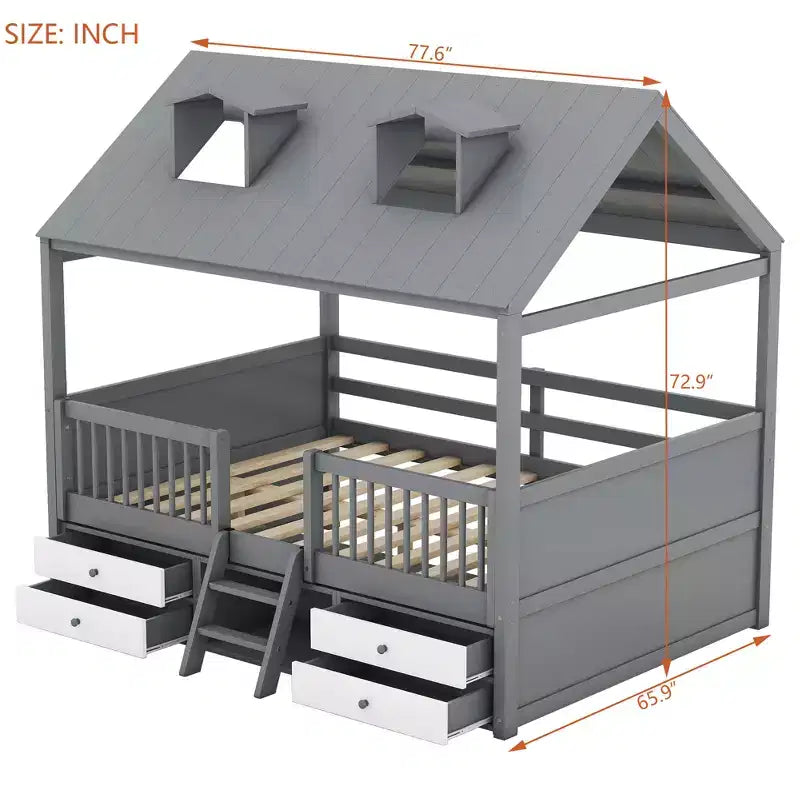 Wooden House Bed Frame for Kids with Roof and Fence Design