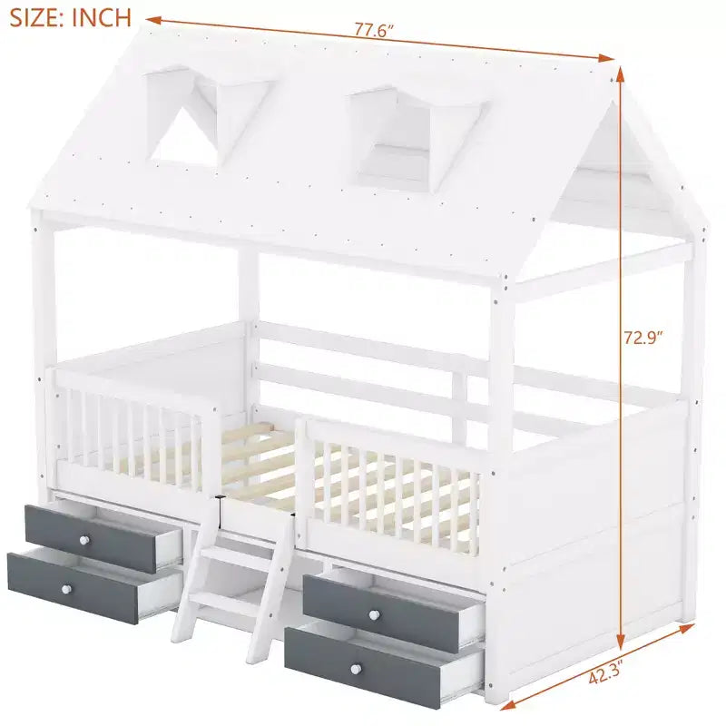 Wooden House Bed Frame for Kids with Roof and Fence Design