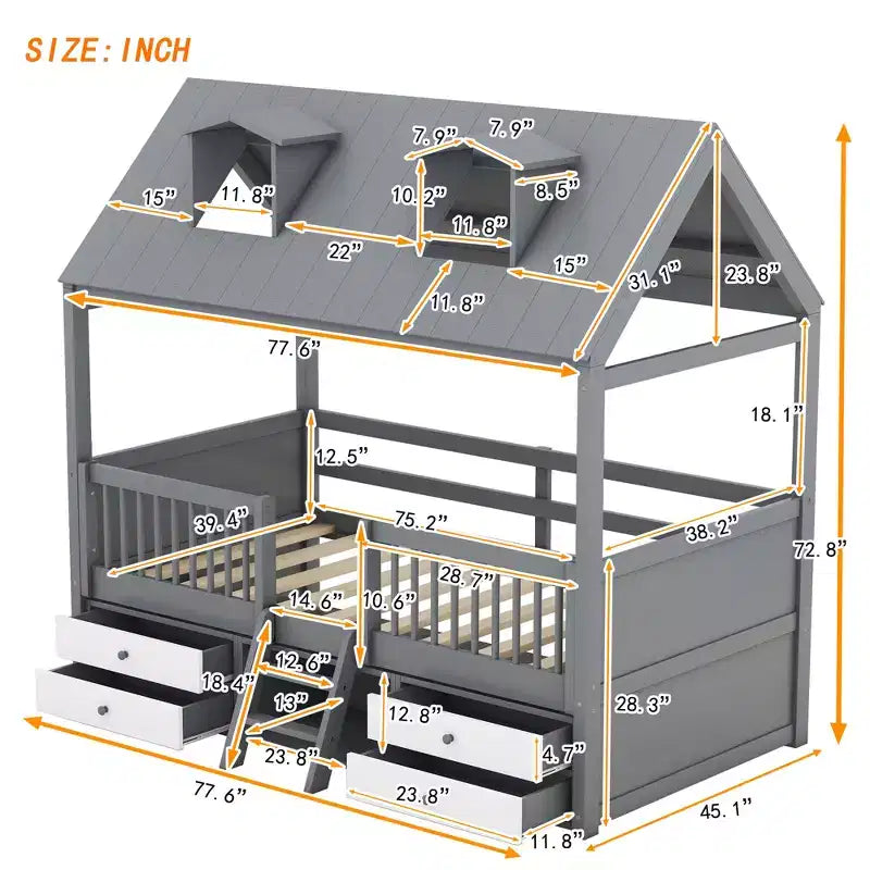 Wooden House Bed Frame for Kids with Roof and Fence Design
