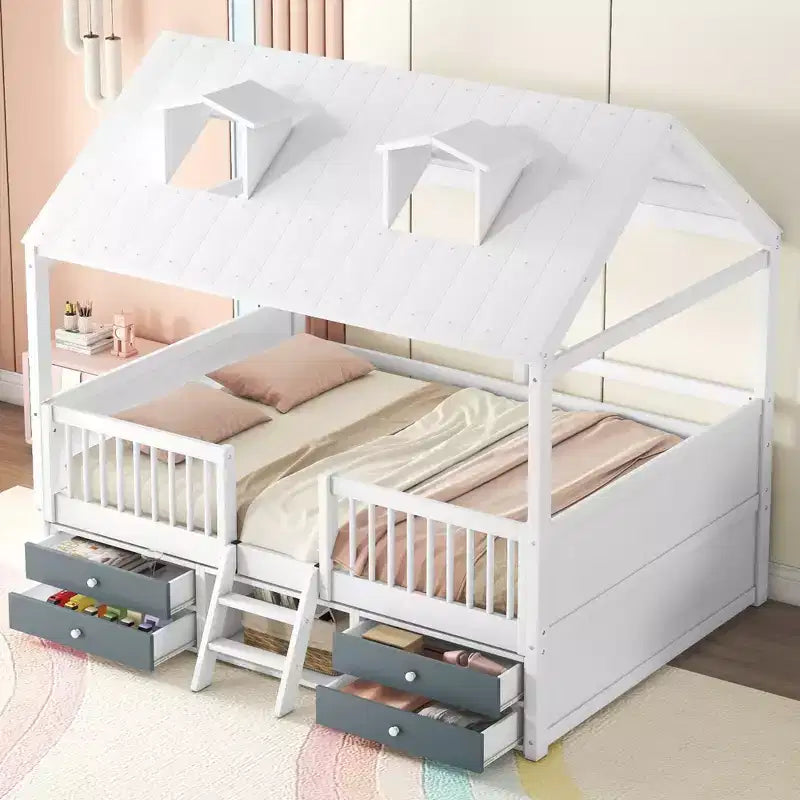 Wooden House Bed Frame for Kids with Roof and Fence Design