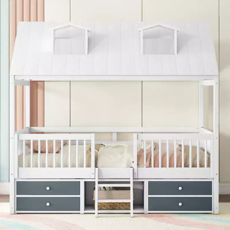 Wooden House Bed Frame for Kids with Roof and Fence Design