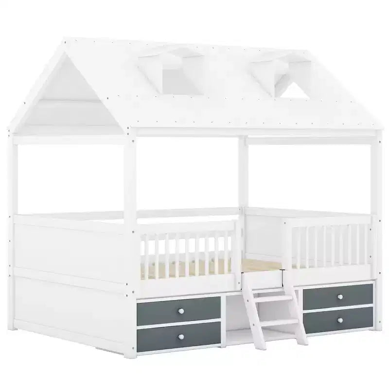 Wooden House Bed Frame for Kids with Roof and Fence Design