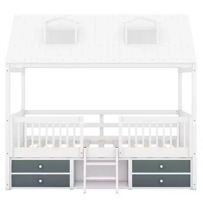 Wooden House Bed Frame for Kids with Roof and Fence Design