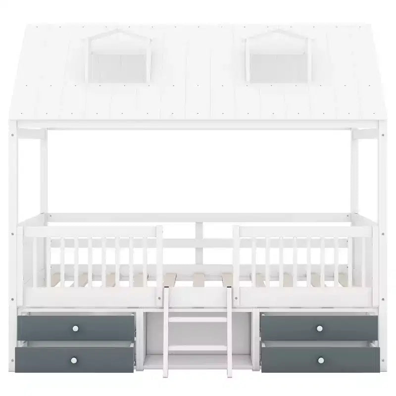 Wooden House Bed Frame for Kids with Roof and Fence Design