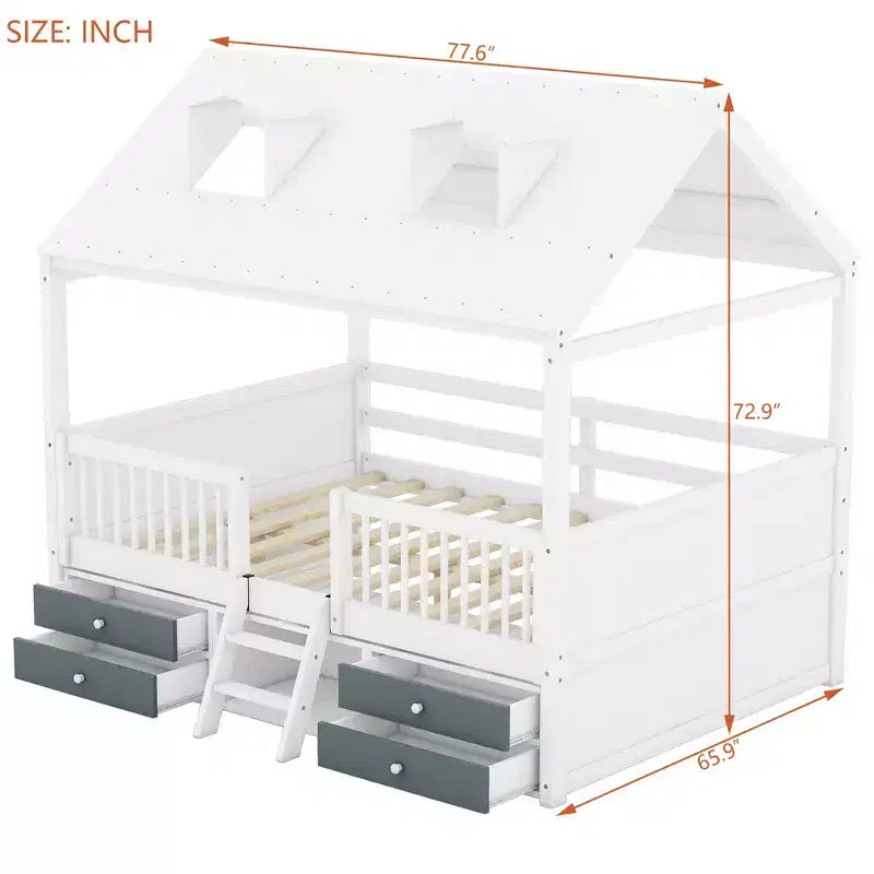 Wooden House Bed Frame for Kids with Roof and Fence Design
