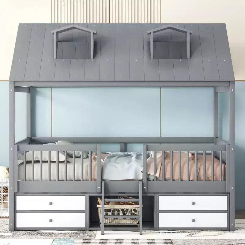 Wooden House Bed Frame for Kids with Roof and Fence Design