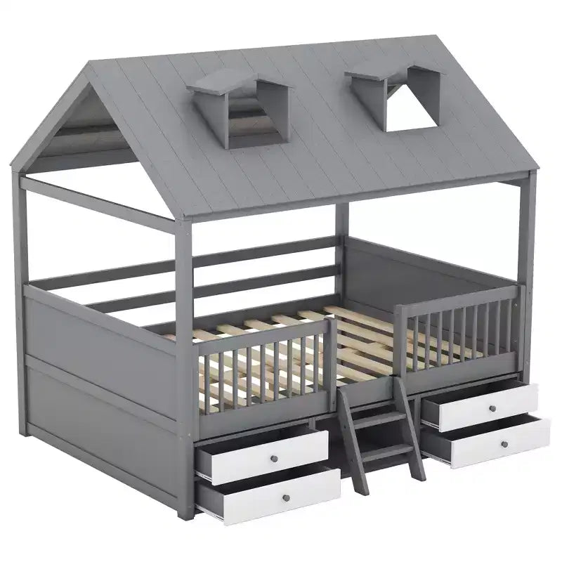 Wooden House Bed Frame for Kids with Roof and Fence Design
