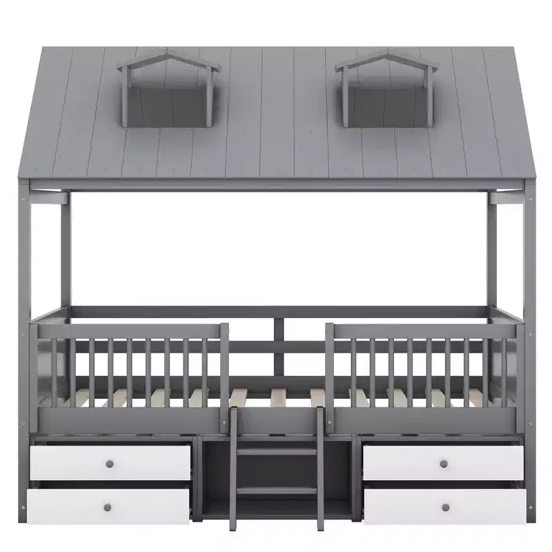 Wooden House Bed Frame for Kids with Roof and Fence Design
