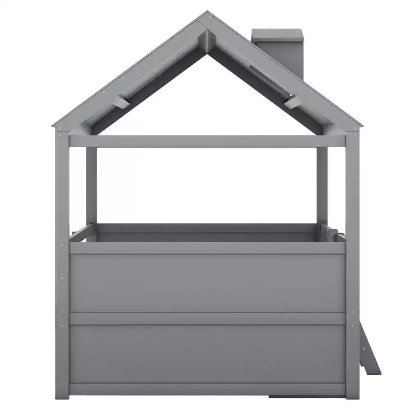 Wooden House Bed Frame for Kids with Roof and Fence Design