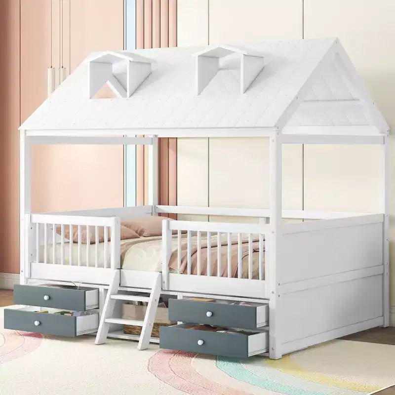 Wooden House Bed Frame for Kids with Roof and Fence Design