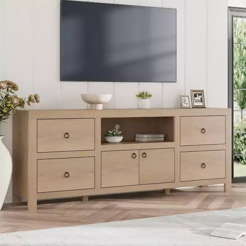 TV Stand for 75 to 80 Inch TVs with 6 Storage Drawers and Soundbar Shelf