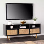 Mobile TV nero con contenitore e dettagli in rattan
