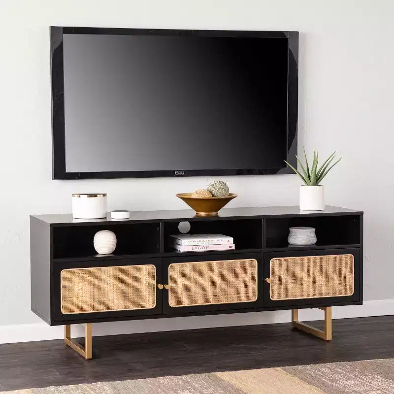 Black Media Cabinet with Storage and Rattan Accents