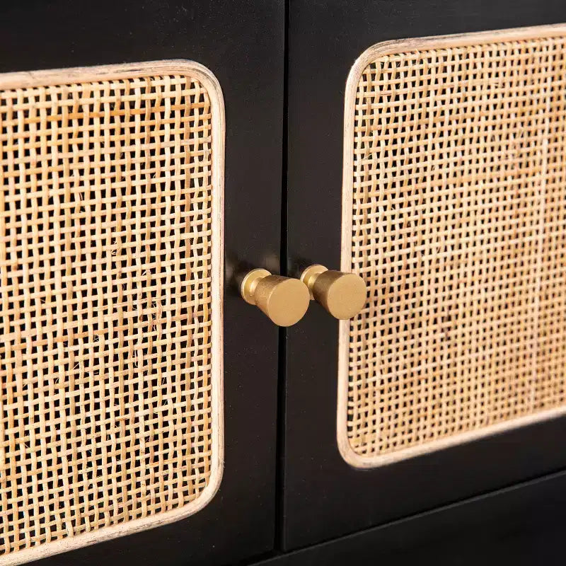 Black Media Cabinet with Storage and Rattan Accents