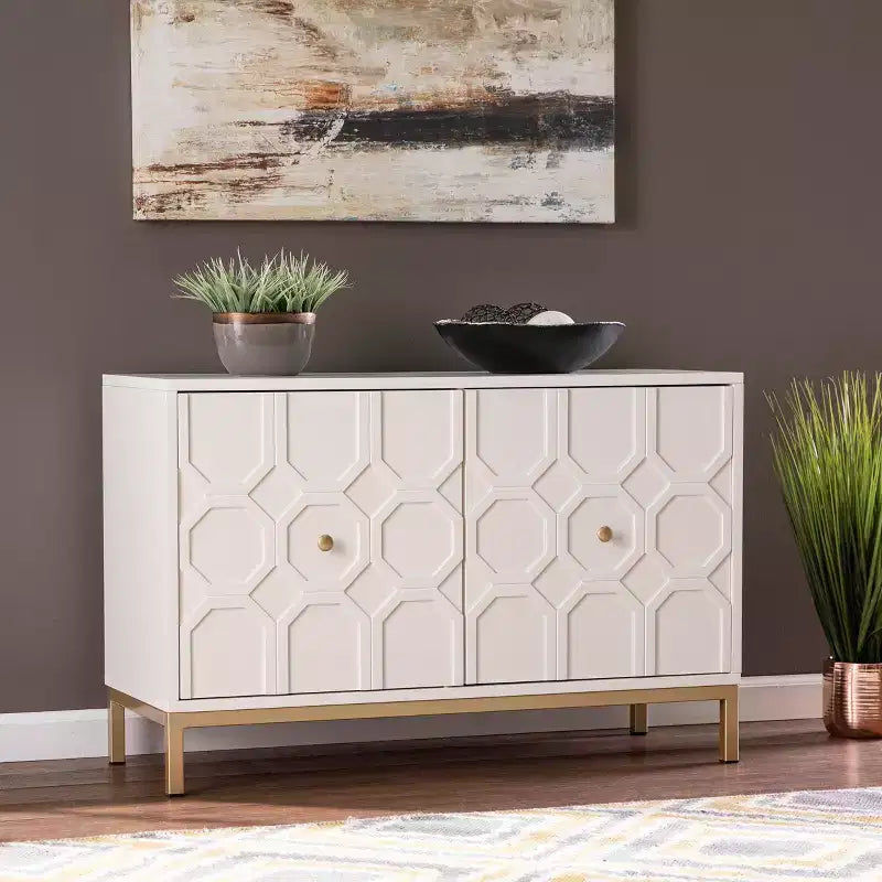 Two-Door Accent Cabinet in White with Moroccan-Style Carved Doors
