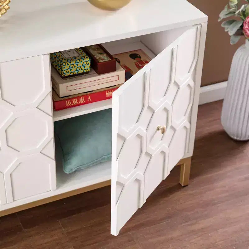 Two-Door Accent Cabinet in White with Moroccan-Style Carved Doors