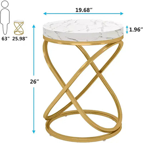 26-Inch Round End Table with Faux Marble Veneer Top and Double X-Shaped Metal Legs