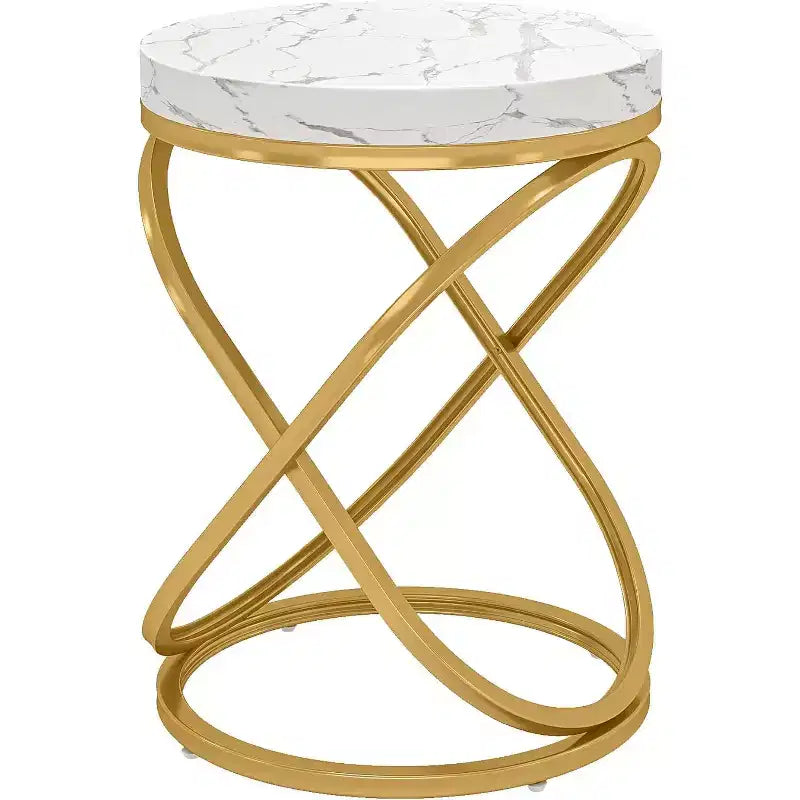 26-Inch Round End Table with Faux Marble Veneer Top and Double X-Shaped Metal Legs
