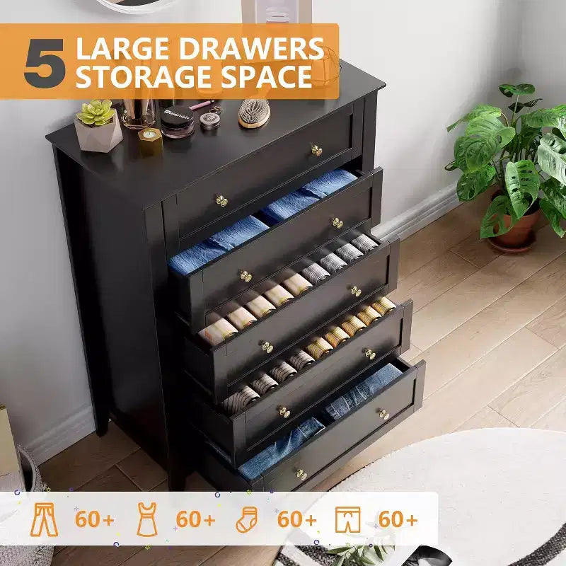 Black 5-Drawer Tall Modern Wood Dresser for Bedroom, Hallway, and Closet