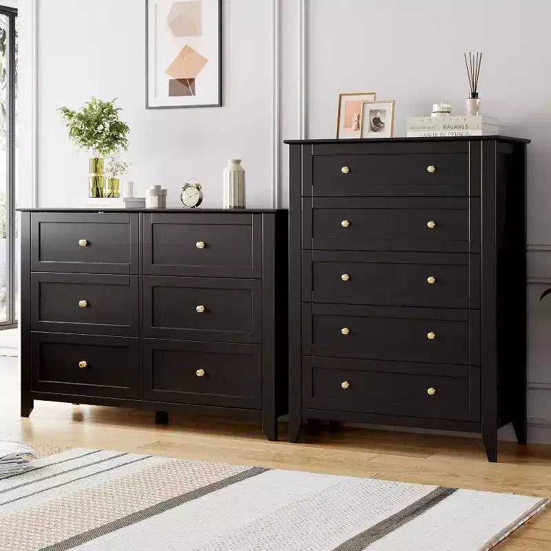 Black 5-Drawer Tall Modern Wood Dresser for Bedroom, Hallway, and Closet