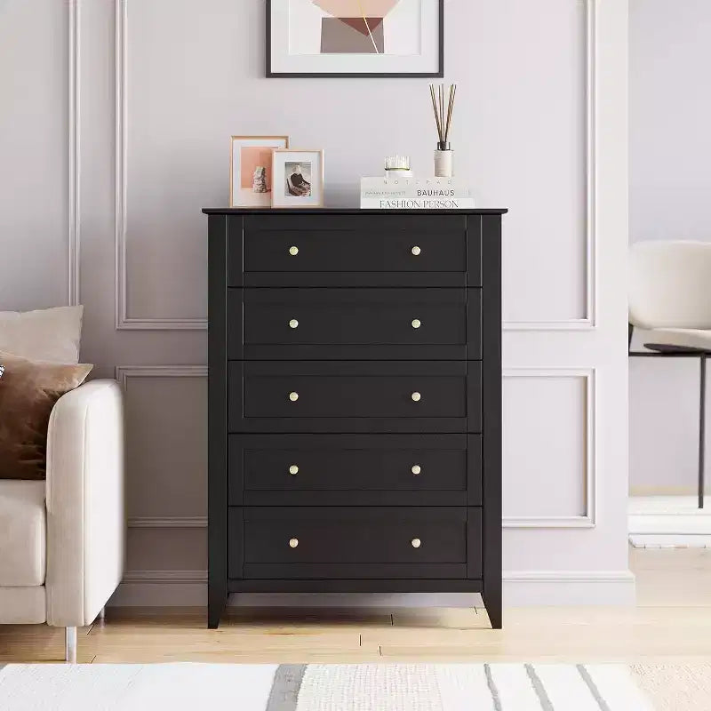 Black 5-Drawer Tall Modern Wood Dresser for Bedroom, Hallway, and Closet