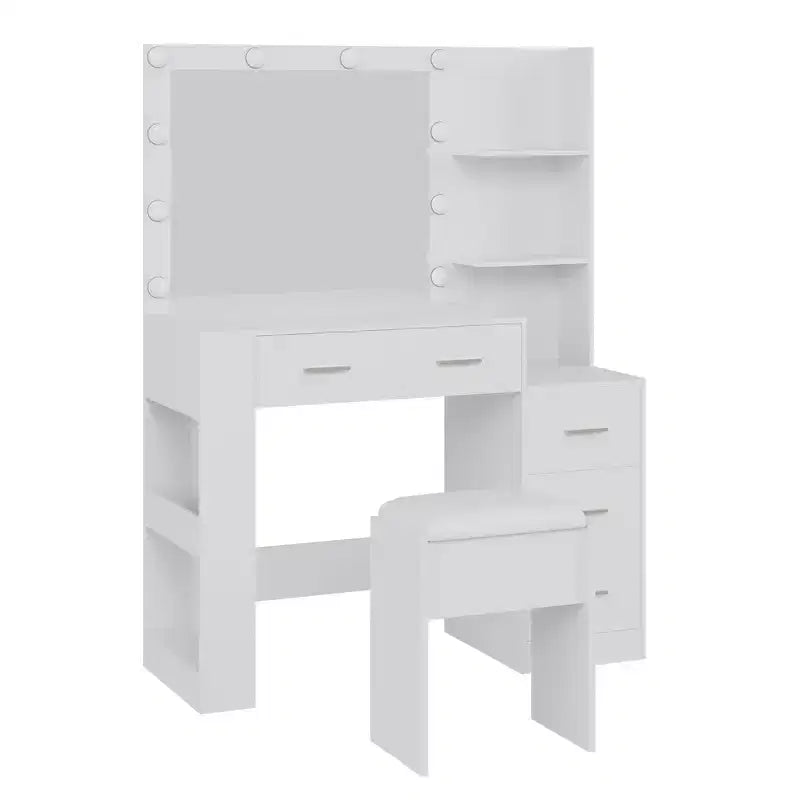 Lighted Makeup Vanity Table with Mirror, Stool, Power Outlet, and 5 Drawers