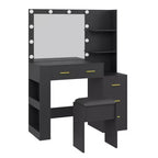 Tavolo da Trucco Illuminato con Specchio, Sgabello, Presa di Corrente e 5 Cassetti