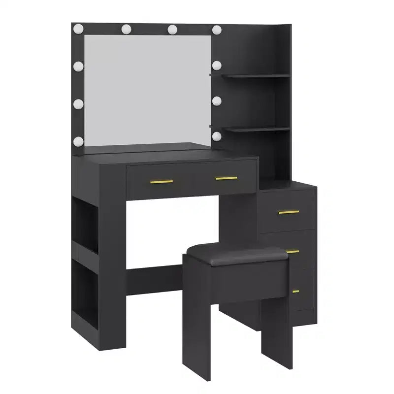 Lighted Makeup Vanity Table with Mirror, Stool, Power Outlet, and 5 Drawers